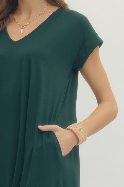 Entro Solid Jersey Knit V-Neck Maxi Dress - Hunter Green