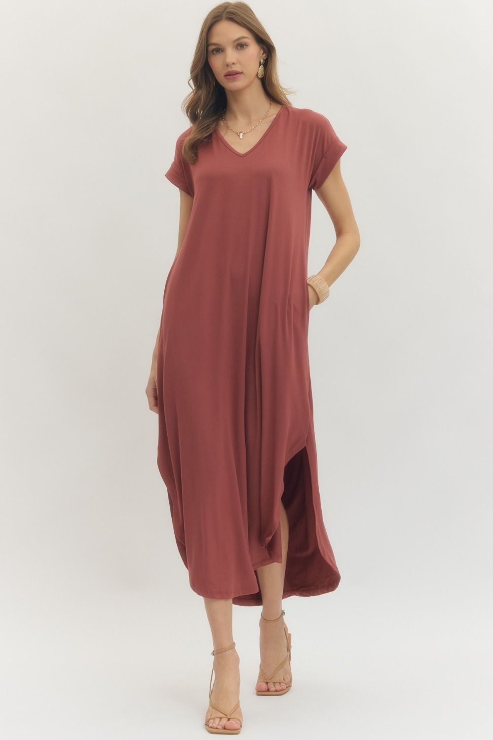 Entro Solid Jersey Knit V-Neck Maxi Dress - Marsala