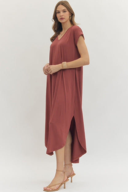 Entro Solid Jersey Knit V-Neck Maxi Dress - Marsala