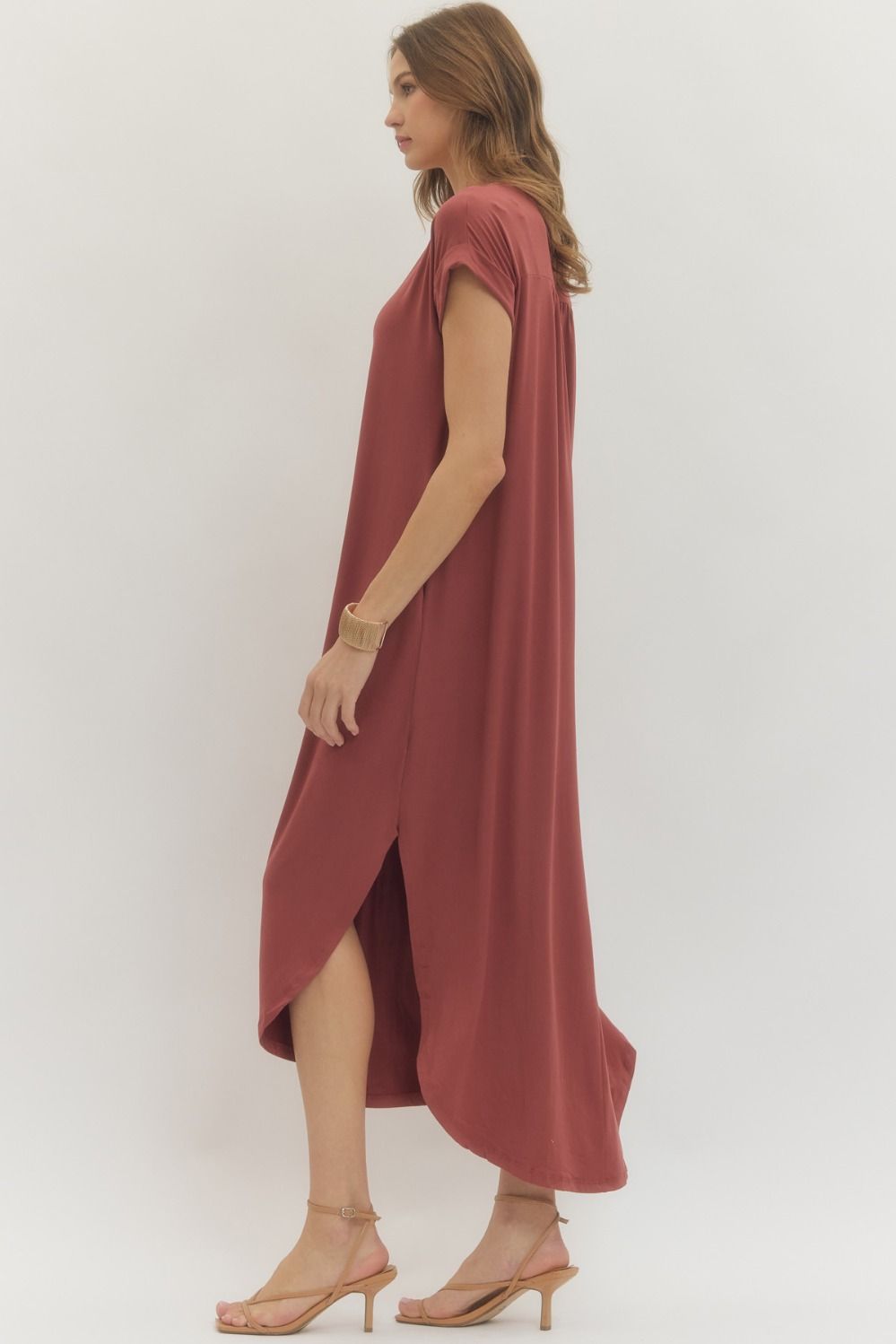 Entro Solid Jersey Knit V-Neck Maxi Dress - Marsala