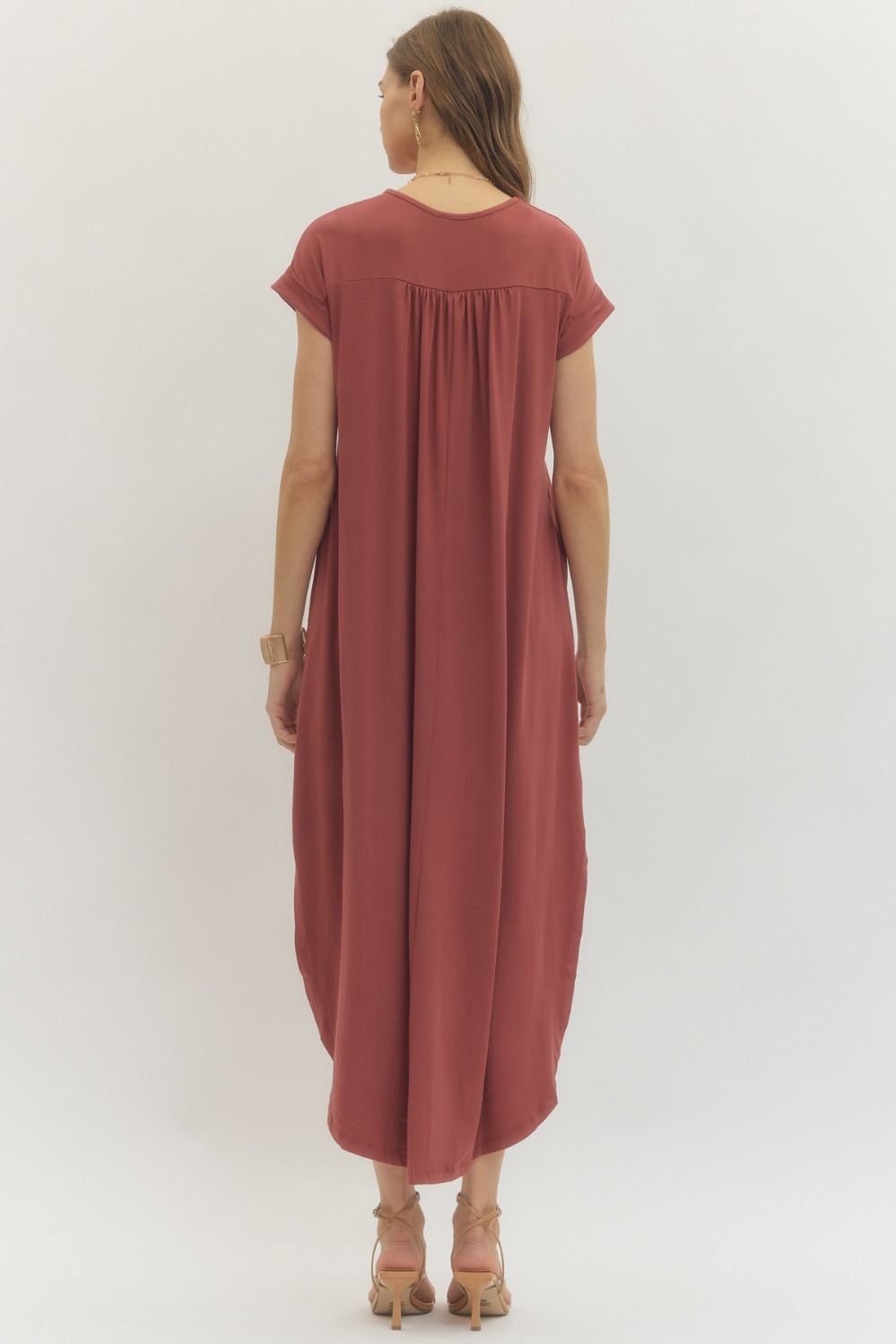 Entro Solid Jersey Knit V-Neck Maxi Dress - Marsala