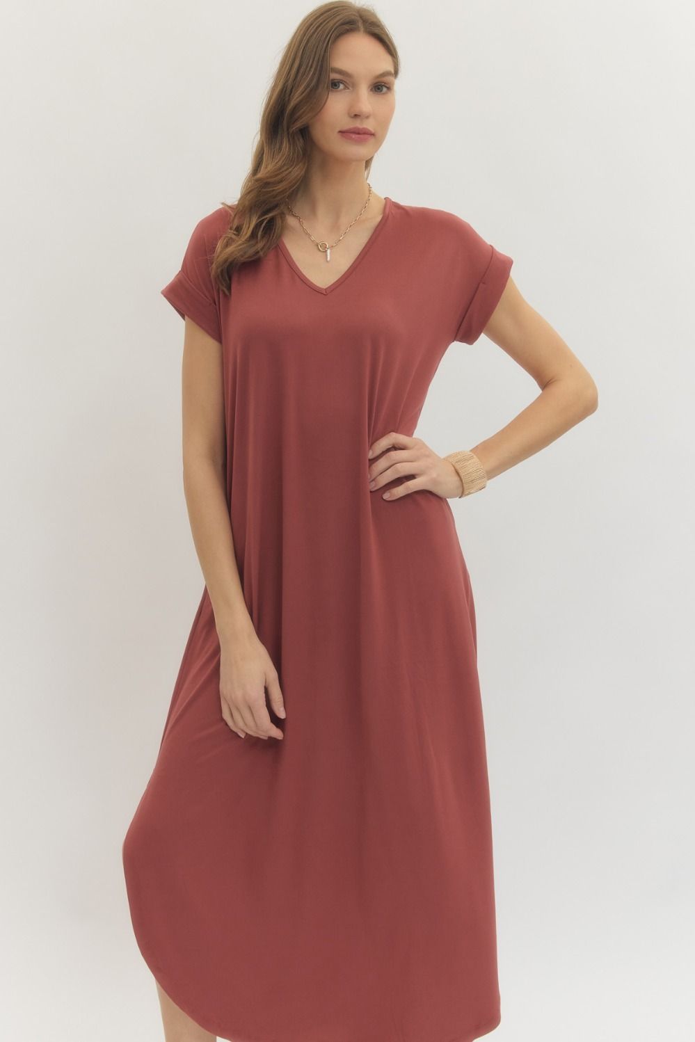 Entro Solid Jersey Knit V-Neck Maxi Dress - Marsala