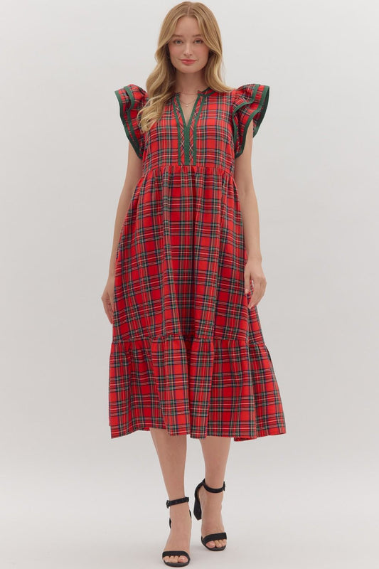 Entro Plaid Dress with Flutter Sleeves - Red
