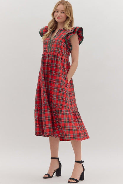 Entro Plaid Dress with Flutter Sleeves - Red