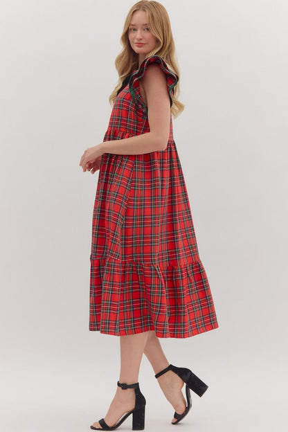 Entro Plaid Dress with Flutter Sleeves - Red