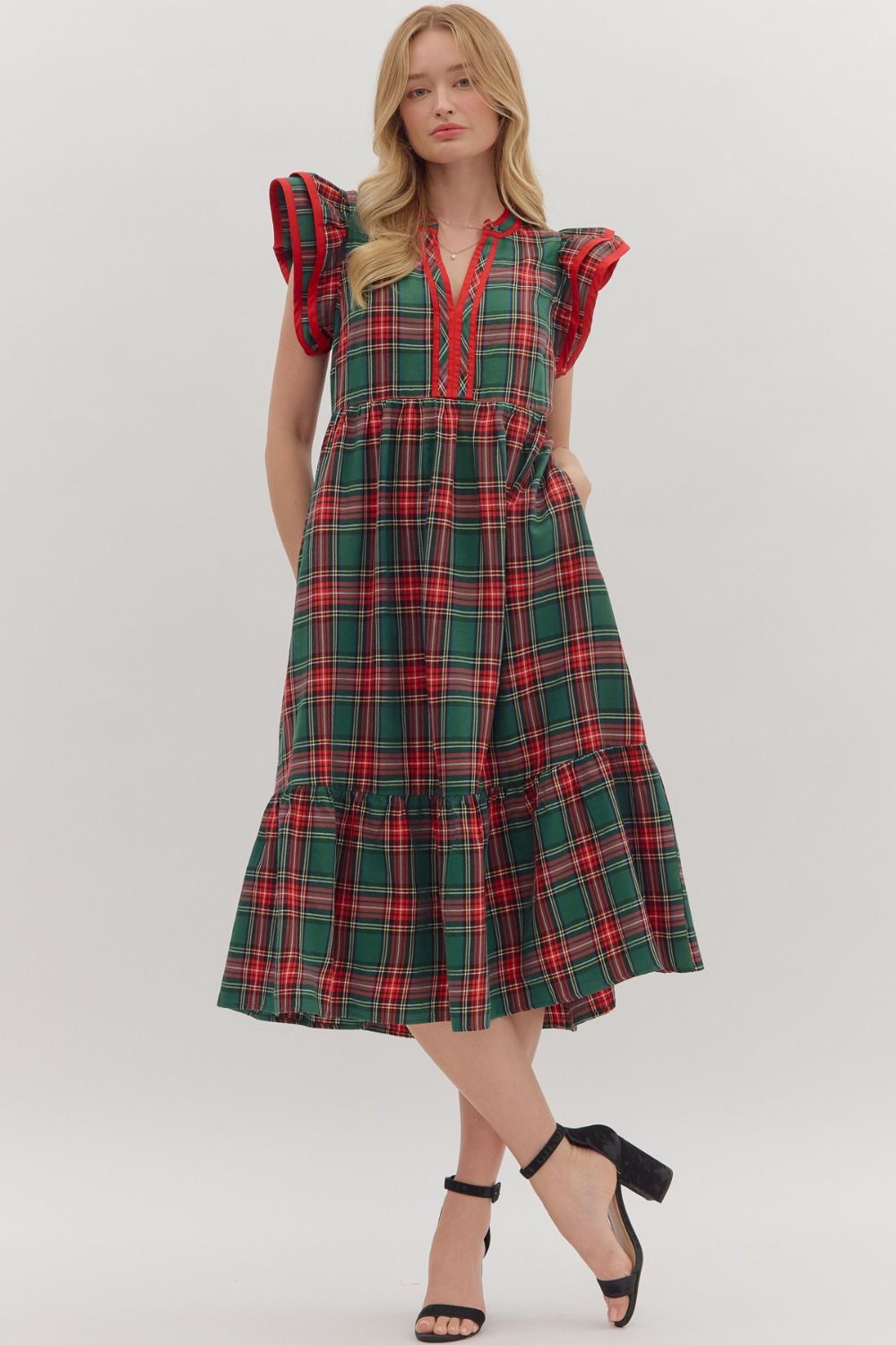 Entro Plaid Dress with Flutter Sleeves - Green