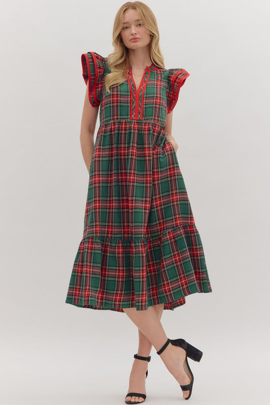 Entro Plaid Dress with Flutter Sleeves - Green