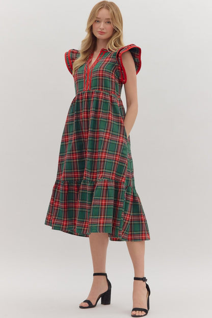 Entro Plaid Dress with Flutter Sleeves - Green