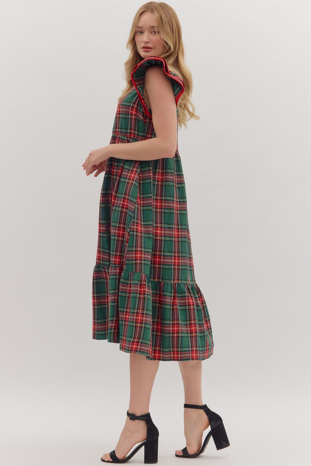 Entro Plaid Dress with Flutter Sleeves - Green