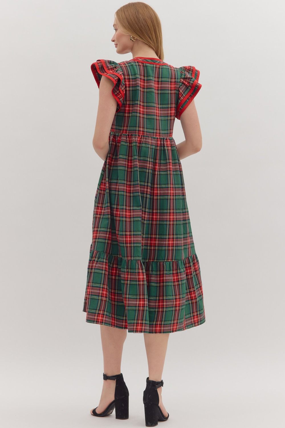 Entro Plaid Dress with Flutter Sleeves - Green