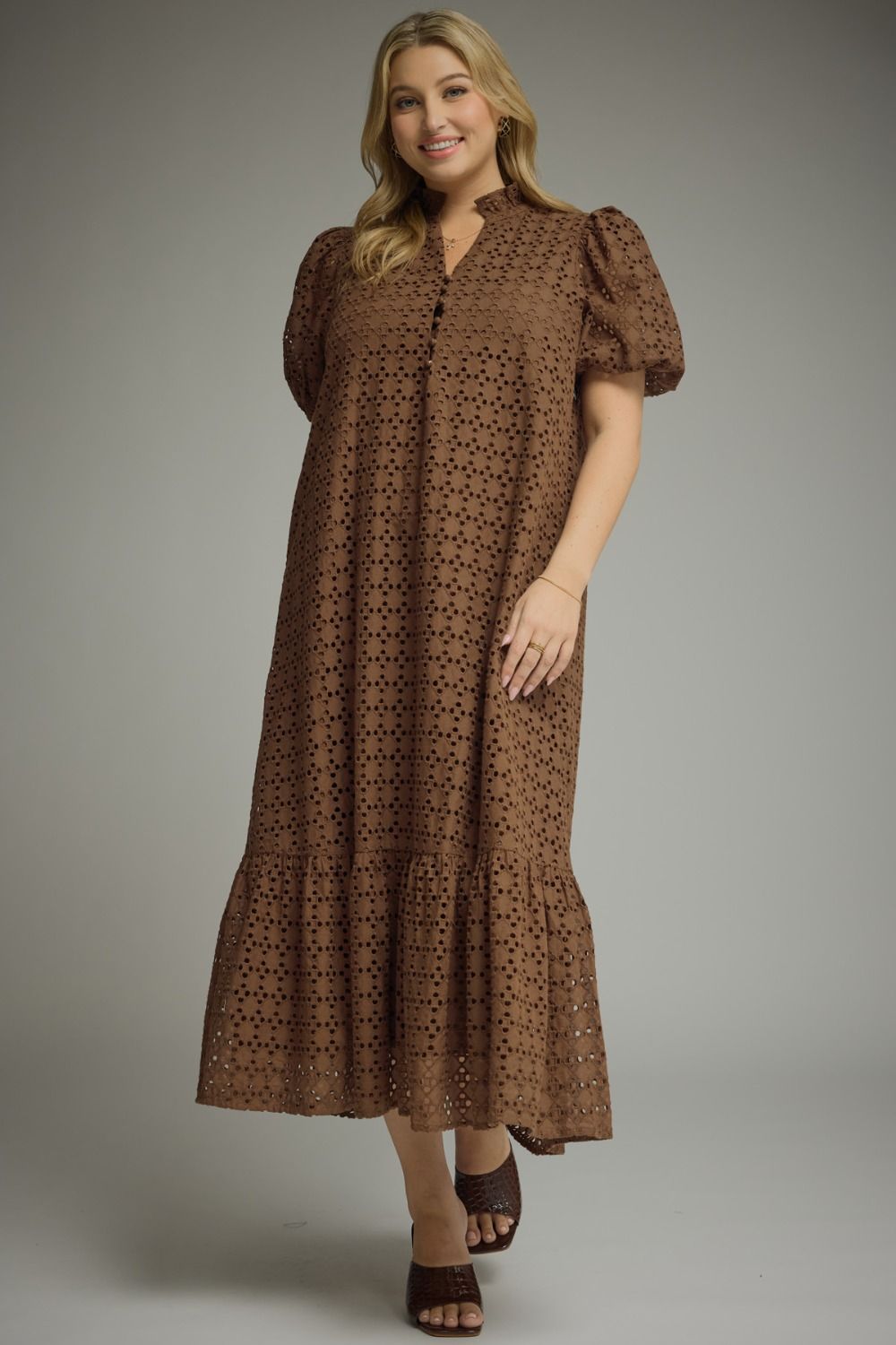 Entro Eyelet Midi Dress - Rust or Brown - S-2X