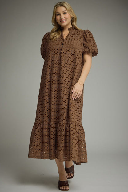 Entro Eyelet Midi Dress - Rust or Brown - S-2X