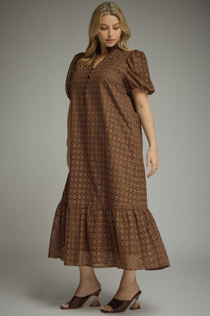 Entro Eyelet Midi Dress - Rust or Brown - S-2X