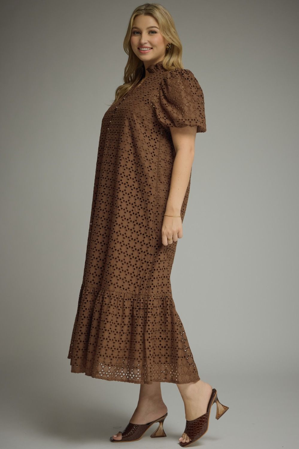 Entro Eyelet Midi Dress - Rust or Brown - S-2X