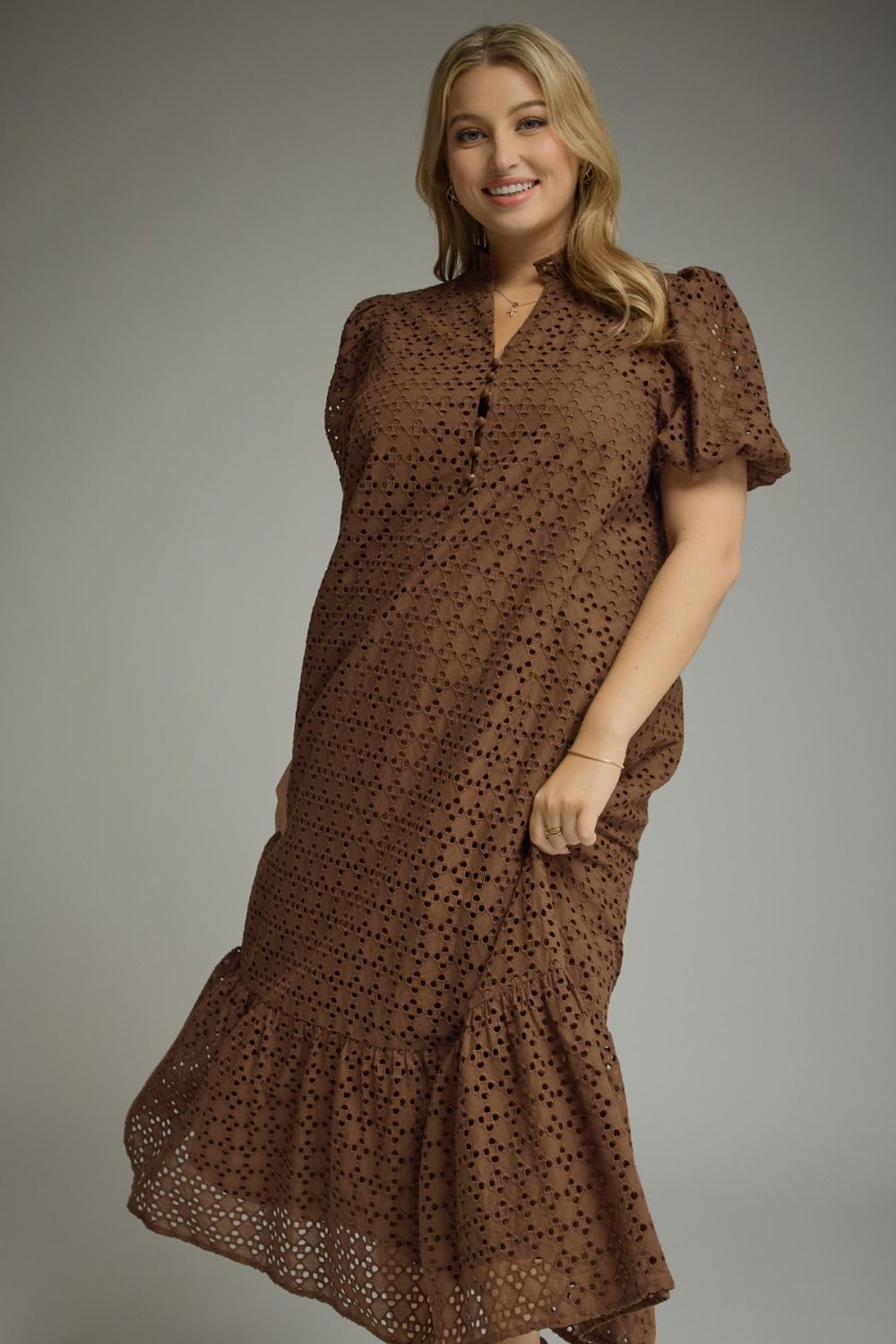 Entro Eyelet Midi Dress - Rust or Brown - S-2X