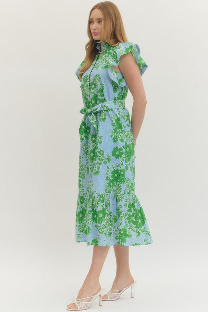 Entro Floral Print Flutter Sleeve Midi Dress