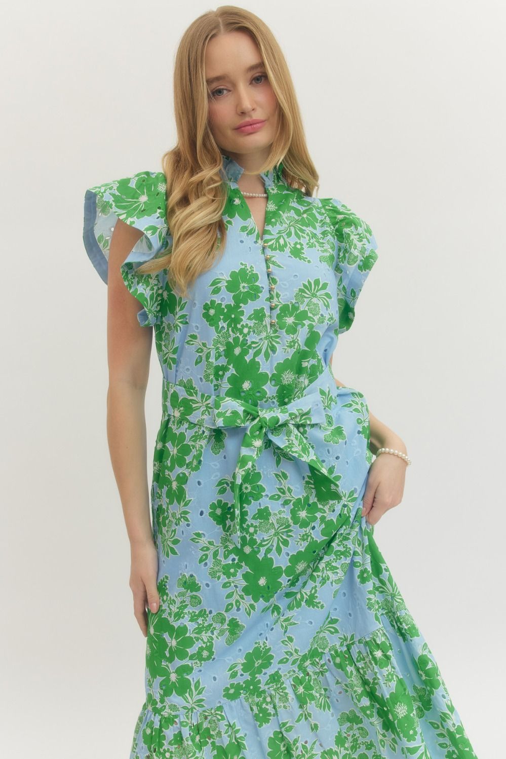 Entro Floral Print Flutter Sleeve Midi Dress