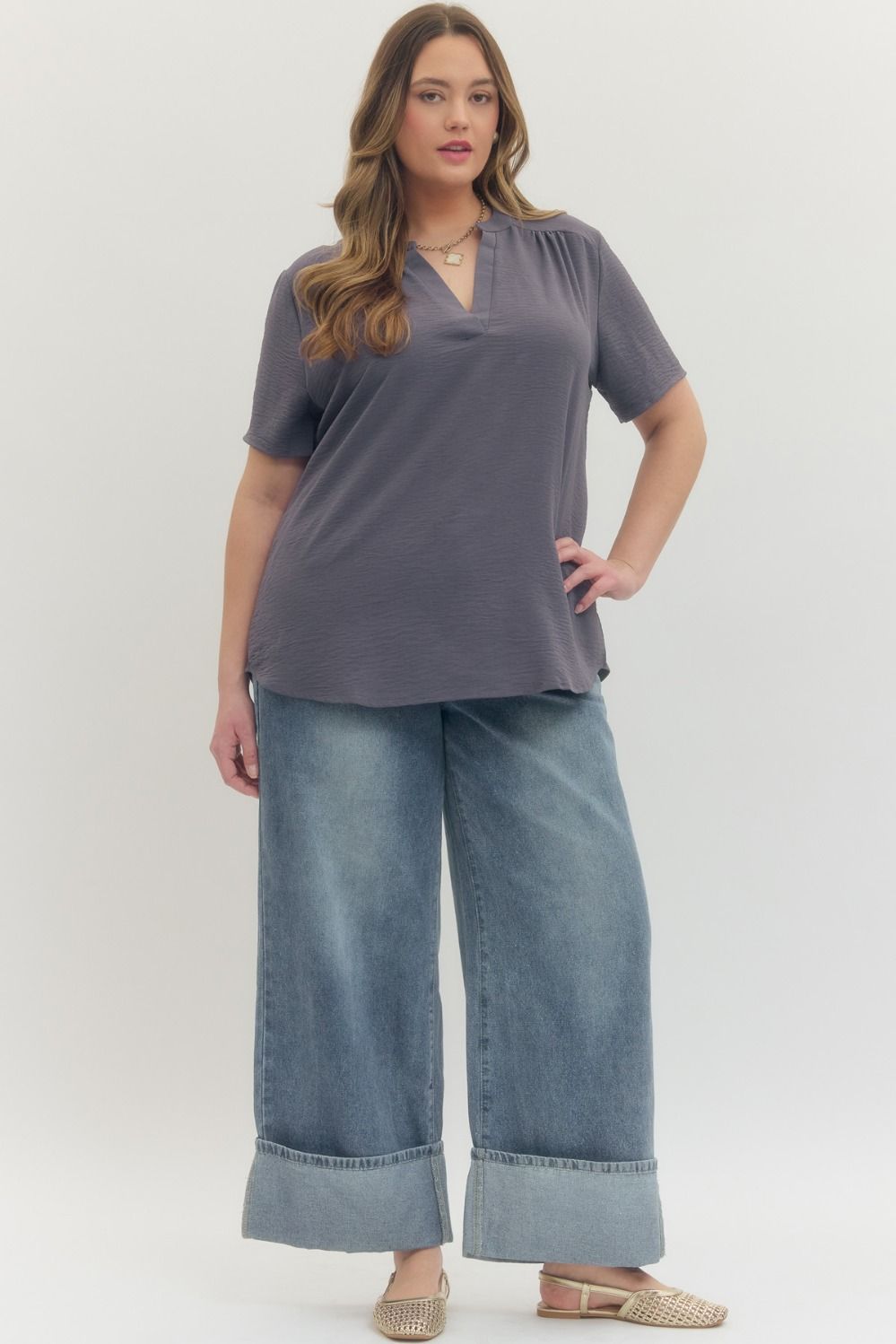 Entro Plus Solid Woven Top - Gray or Gold Kiwi