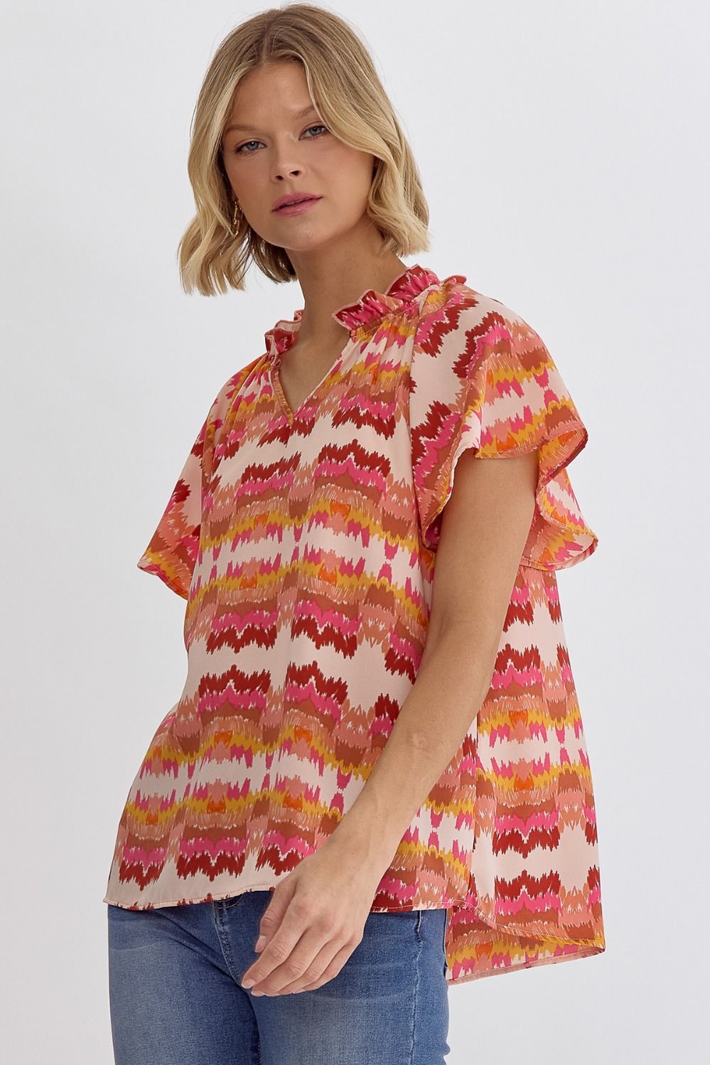 Entro Printed Woven v-neck Top