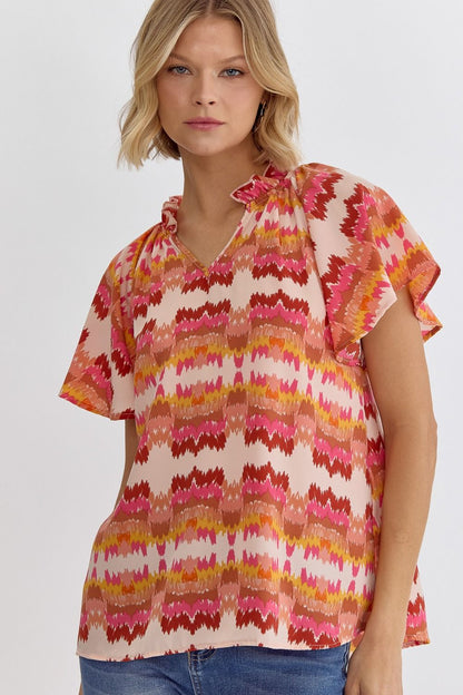 Entro Printed Woven v-neck Top