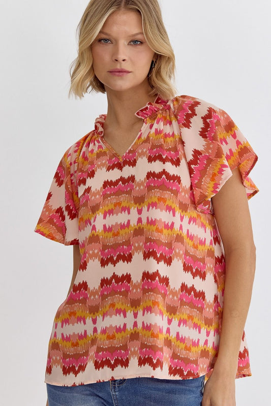Entro Printed Woven v-neck Top