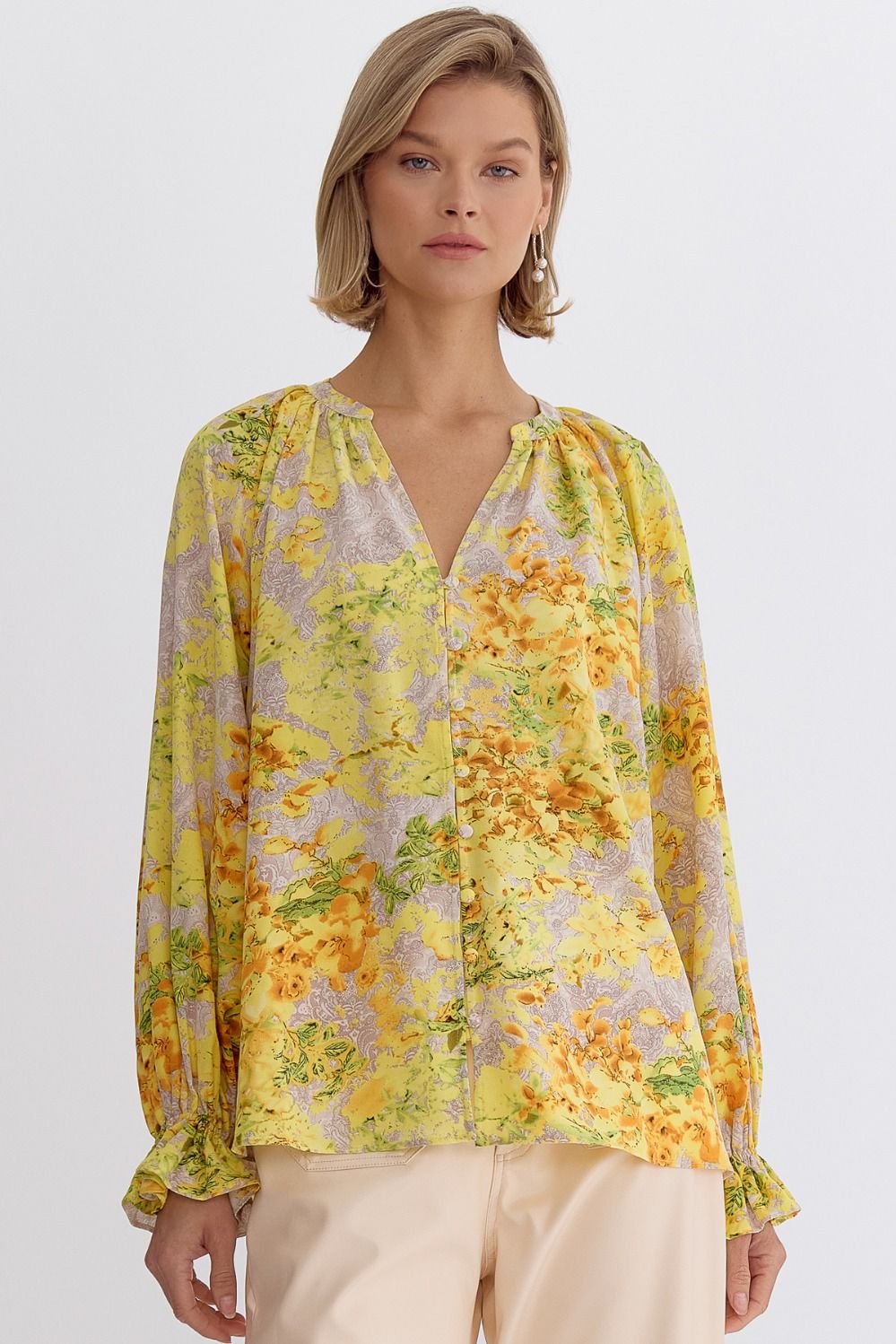 Entro Floral Print Woven Top with Button-down Design