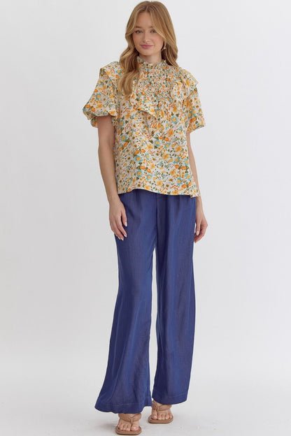 Entro Floral Print Woven Top with Ruffle Neckline