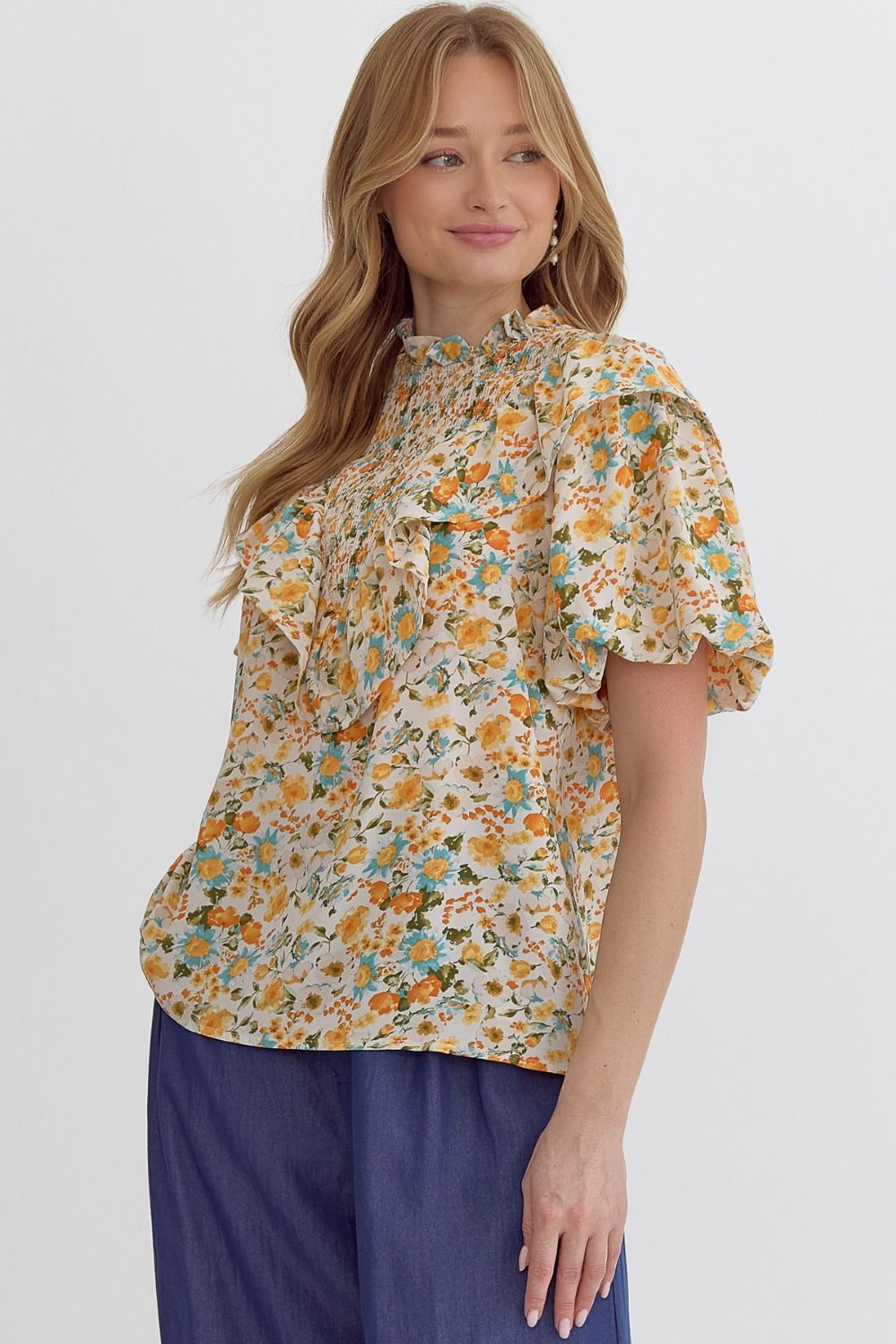Entro Floral Print Woven Top with Ruffle Neckline