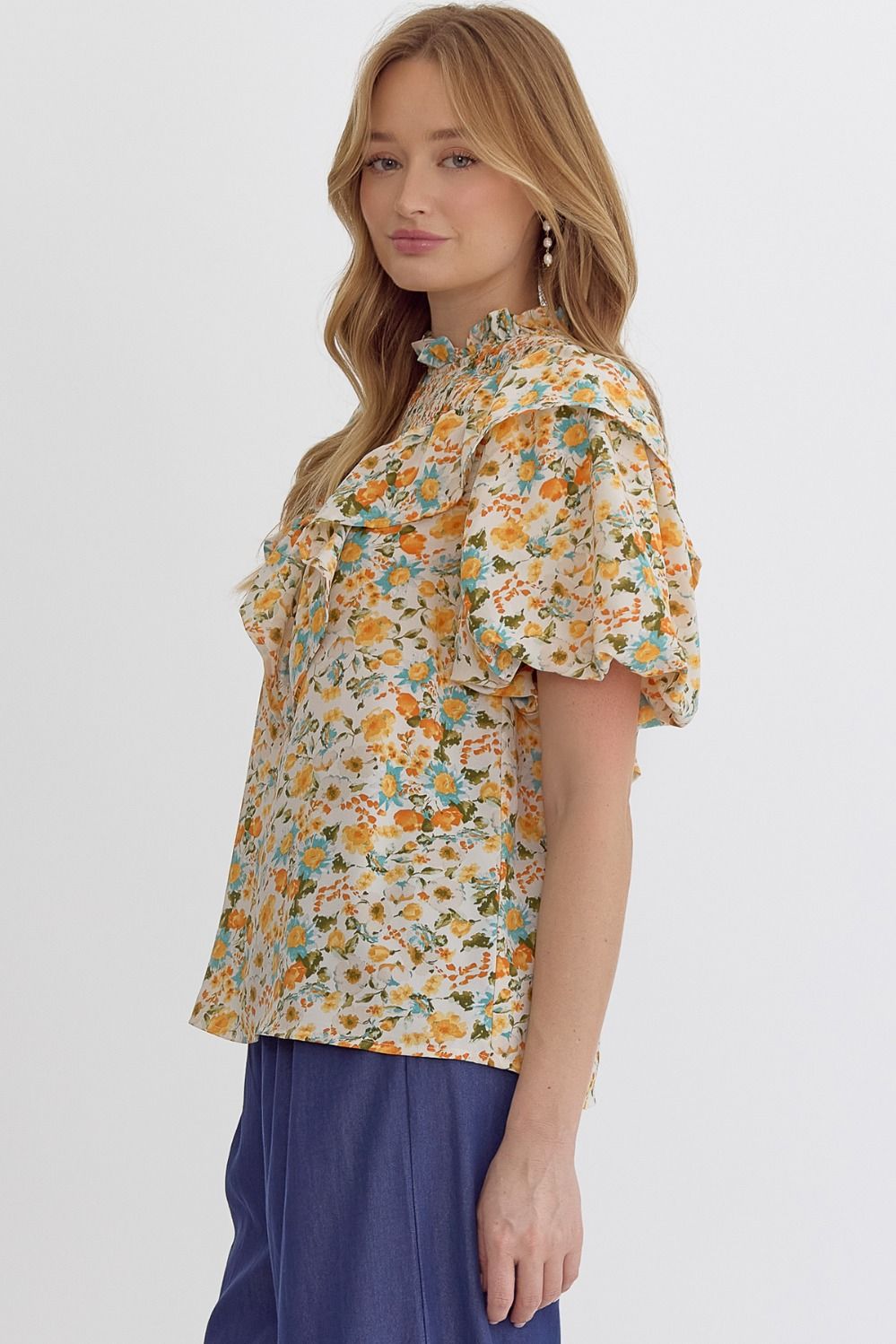 Entro Floral Print Woven Top with Ruffle Neckline