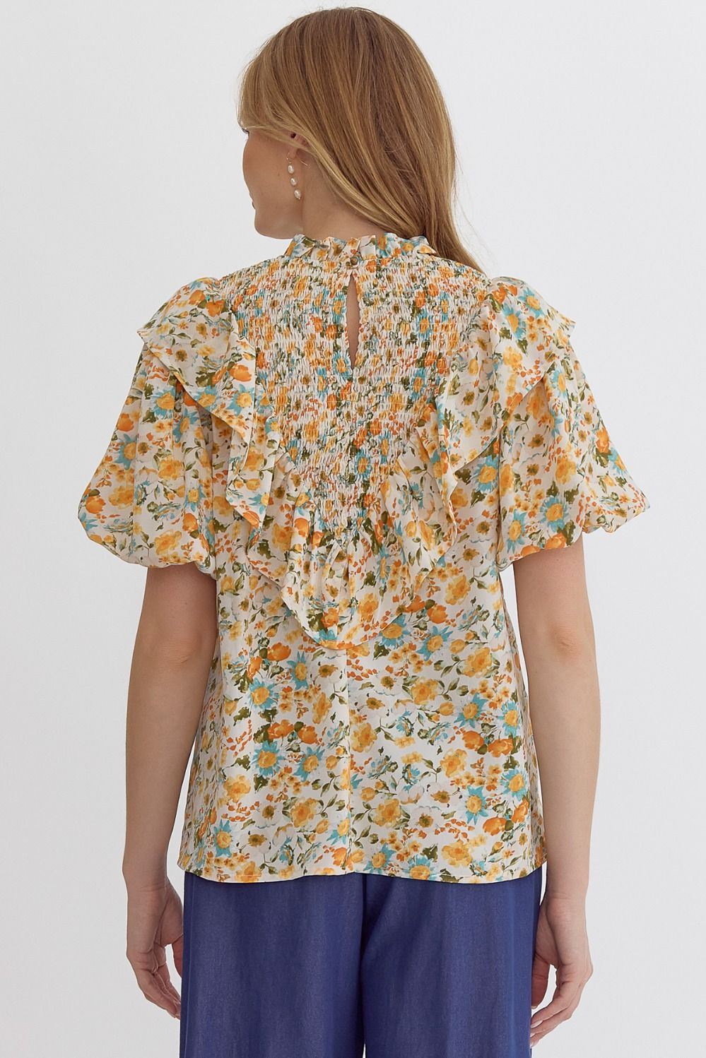 Entro Floral Print Woven Top with Ruffle Neckline