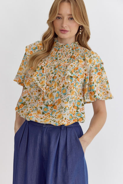 Entro Floral Print Woven Top with Ruffle Neckline