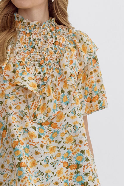 Entro Floral Print Woven Top with Ruffle Neckline