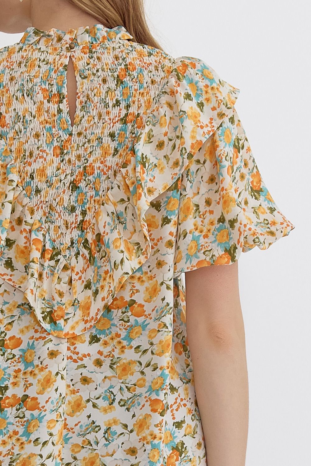 Entro Floral Print Woven Top with Ruffle Neckline