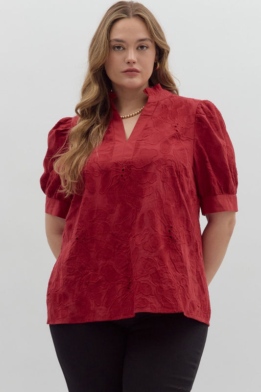 Entro Red Floral Embroidered Top - Small to 2X