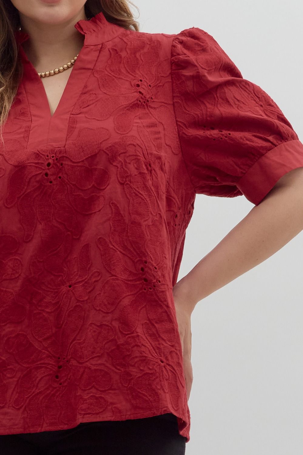 Entro Red Floral Embroidered Top - Small to 2X