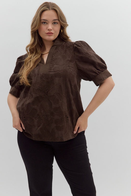 Entro Brown Floral Embroidered Top - Small to 2X