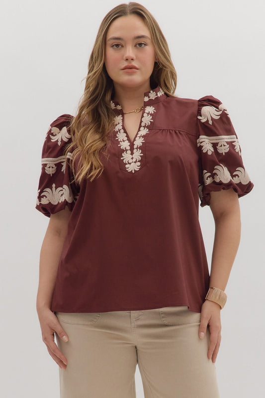 Entro Embroidered Burgundy Top - Small to 2X