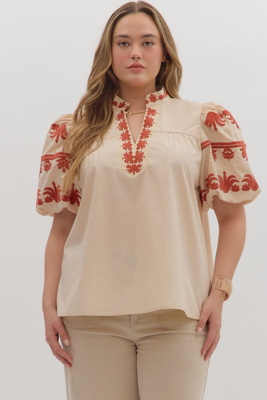 Entro Embroidered Ecru Top - Small to 2X