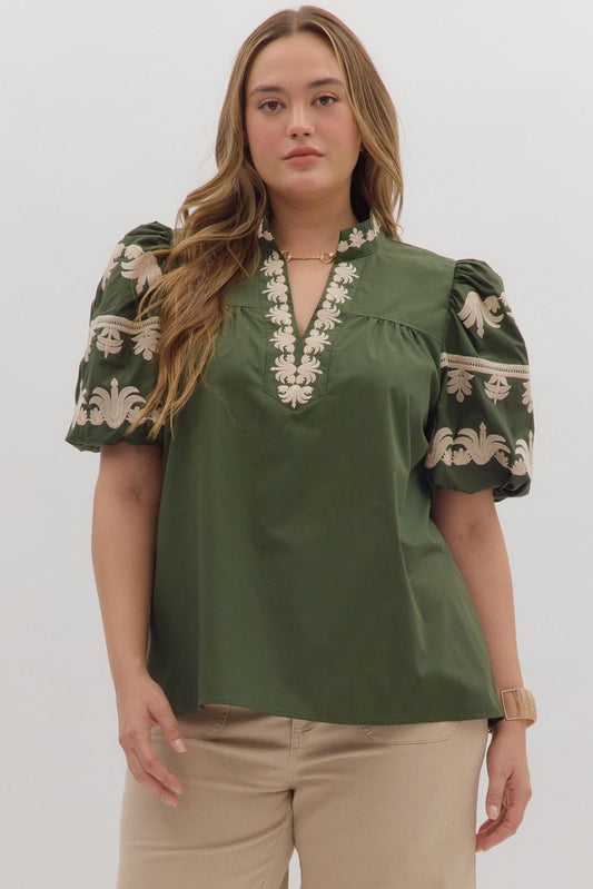 Entro Embroidered Dark Green Top - Small to 2X