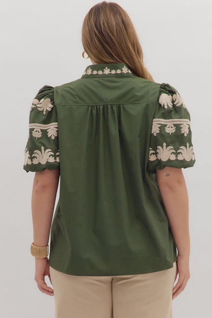 Entro Embroidered Dark Green Top - Small to 2X