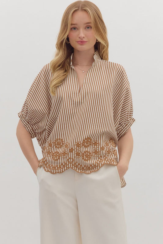 Entro striped top with embroidery and scallop hem - S-2X