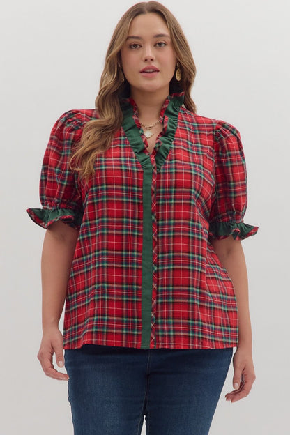 Entro Red Plaid Top with puff sleeves - Sizes S - 2X