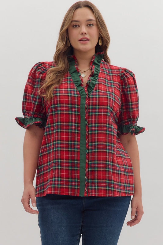 Entro Red Plaid Top with puff sleeves - Sizes S - 2X