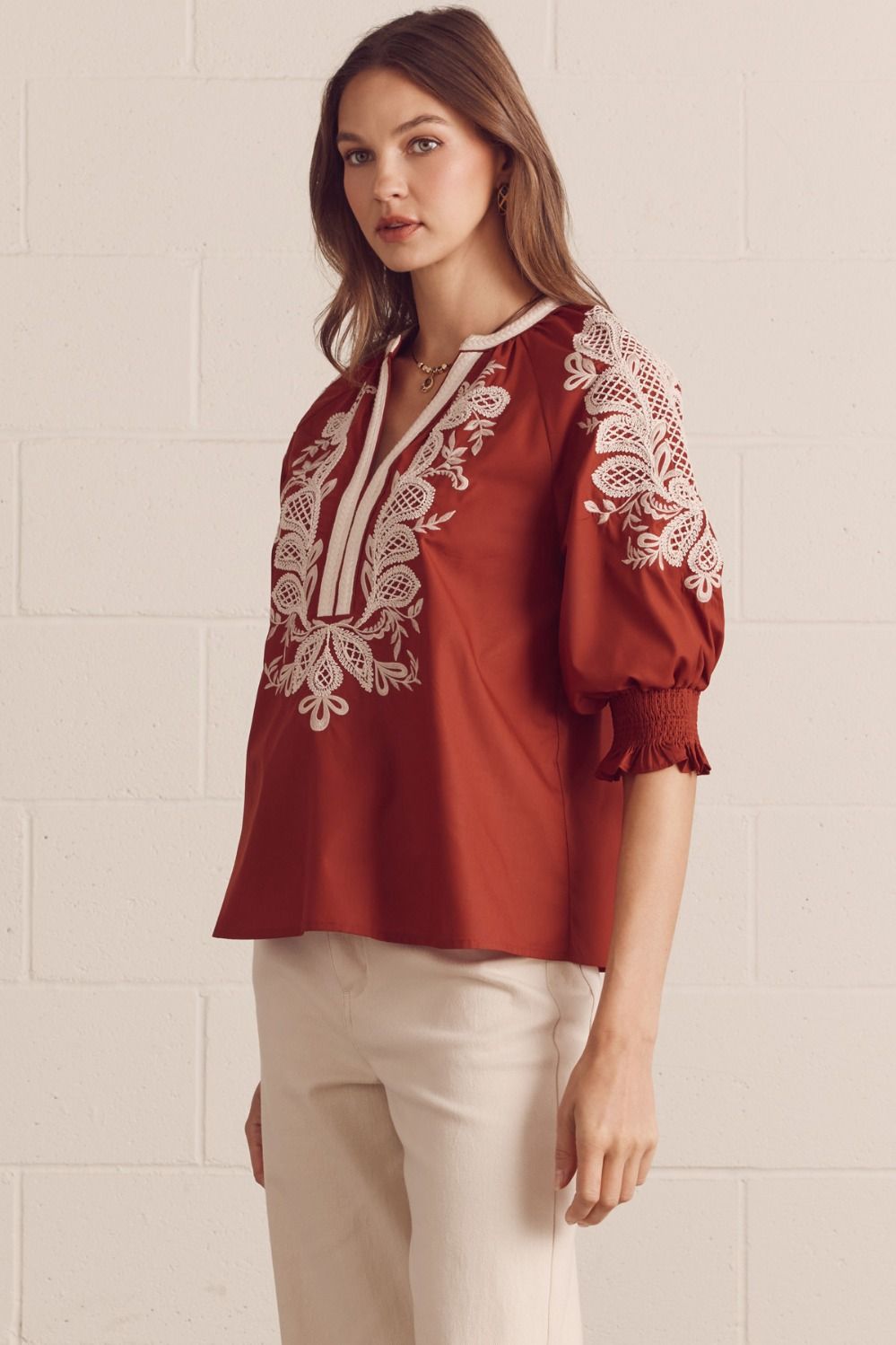 Entro Rust Embroidered 3/4 Sleeve V-neck Top
