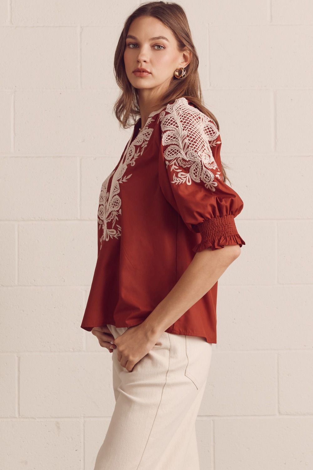 Entro Rust Embroidered 3/4 Sleeve V-neck Top