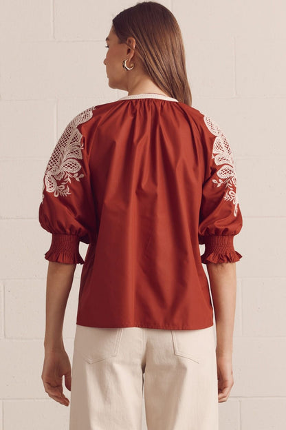 Entro Rust Embroidered 3/4 Sleeve V-neck Top