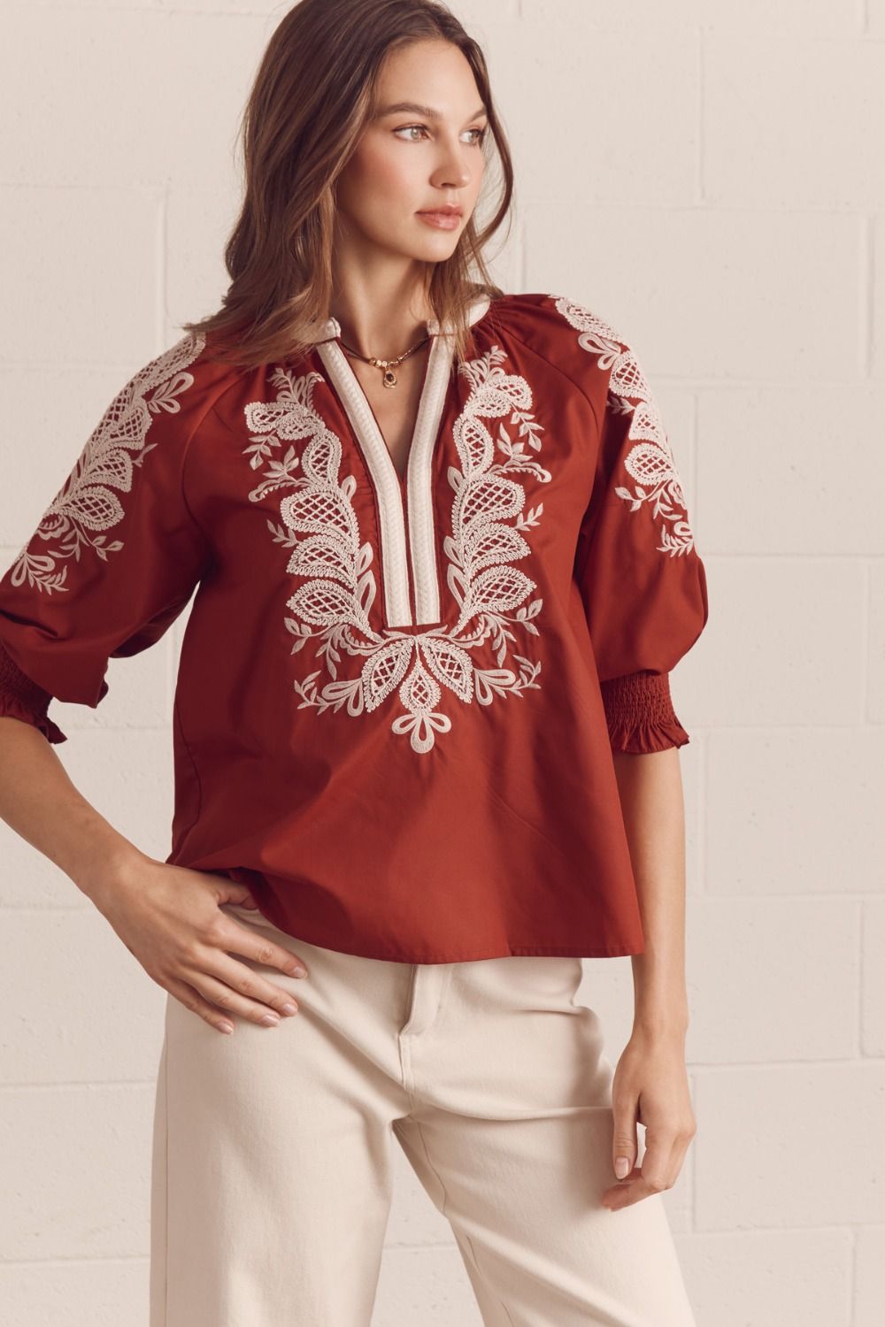 Entro Rust Embroidered 3/4 Sleeve V-neck Top