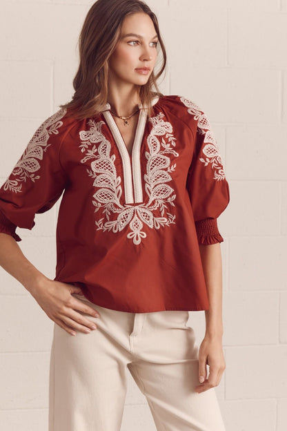 Entro Rust Embroidered 3/4 Sleeve V-neck Top