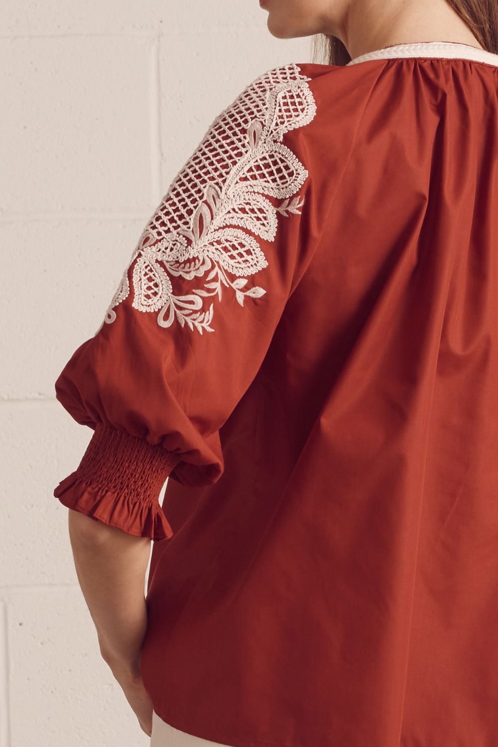 Entro Rust Embroidered 3/4 Sleeve V-neck Top