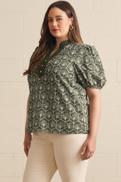 Entro Woven Top with Ruffle Neckline Detail - Army - S-2X